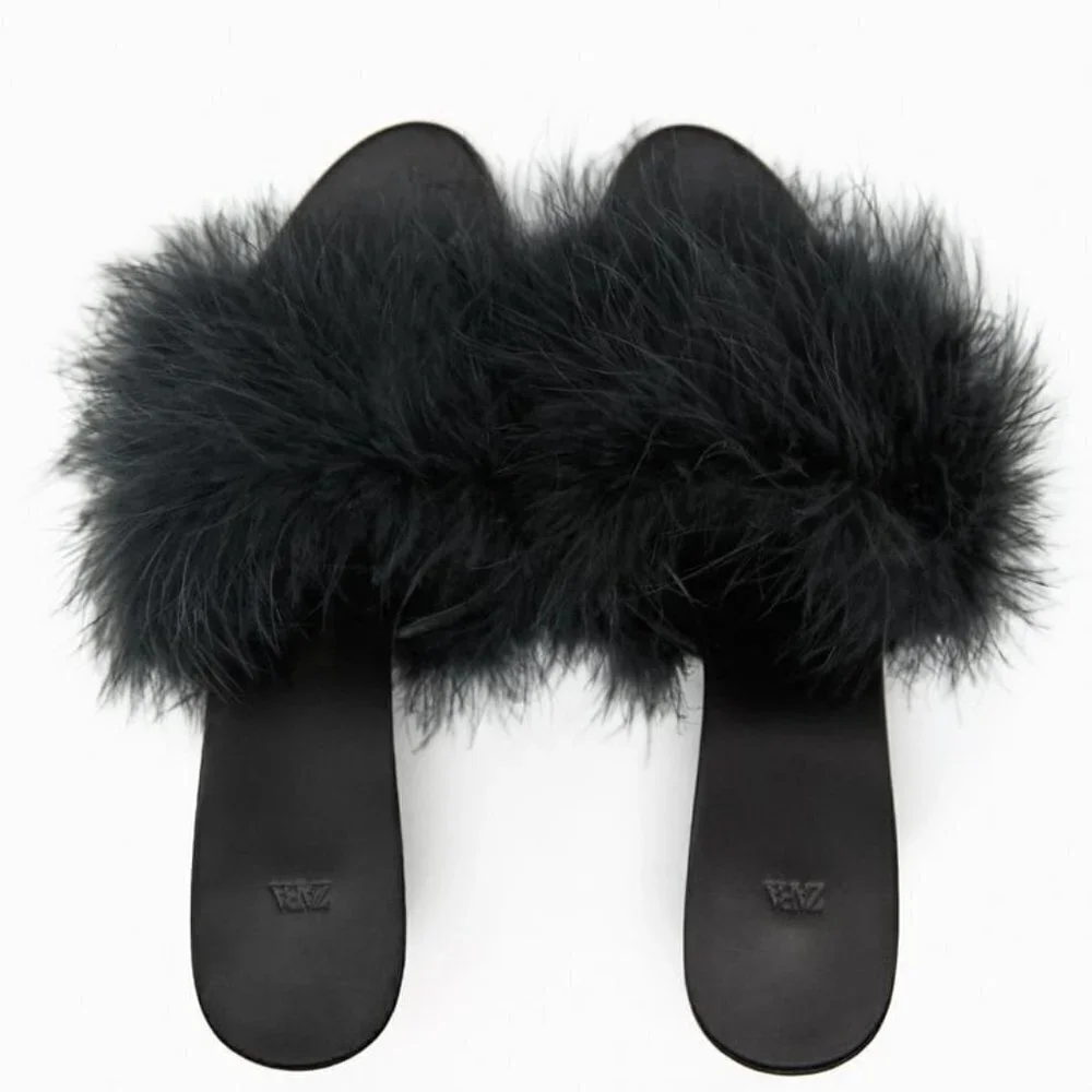 ZARA HEELED MULES WITH FEATHERS Black SIZE  | 1302/110/800